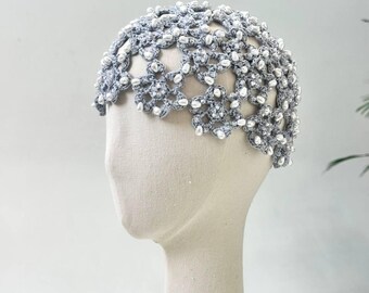 Beige Crochet beaded beanie pearls hat summer flower bling hat with rhinestones Boho party headwear Lace bridal headpiece pearl wedding hair