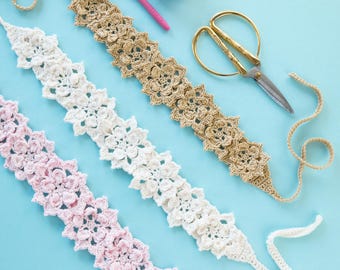 Crochet flower headband pattern + video tutorial crochet headwrap summer hair accessories DIY Lace crocheting accessory headscarf bandana