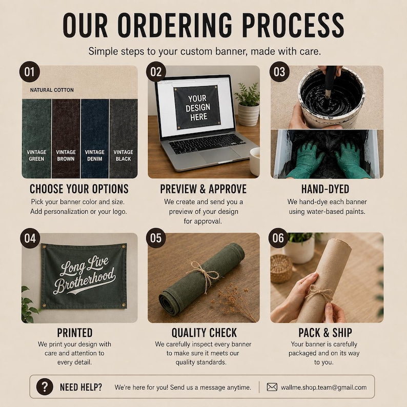 May include: An infographic titled OUR ORDERING PROCESS detailing six steps for custom banners. It shows fabric color swatches, a laptop displaying a design, a hand-dyed process, a printed banner with the text Long Live Brotherhood, a rolled banner, and packaging.