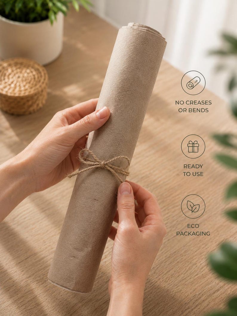 May include: A rolled-up, cylindrical package wrapped in brown paper and tied with twine. The package is held by two hands. Text on the image reads: "NO CREASES OR BENDS", "READY TO USE", and "ECO PACKAGING".