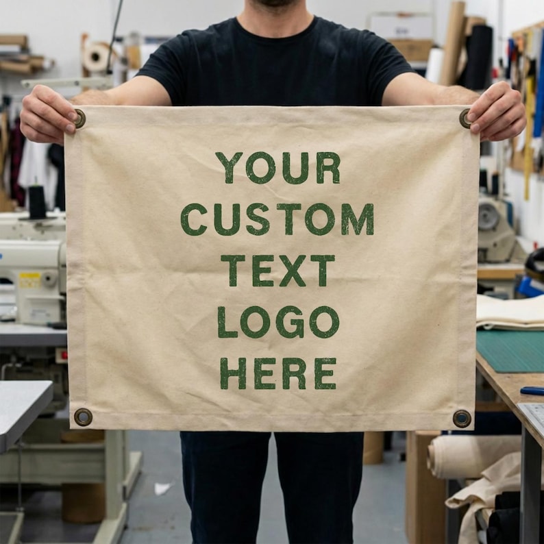 May include: A rectangular off-white canvas banner featuring the dark green printed text YOUR CUSTOM TEXT LOGO HERE. The banner includes four metal grommets, one in each corner, and is held horizontally against a workshop background.
