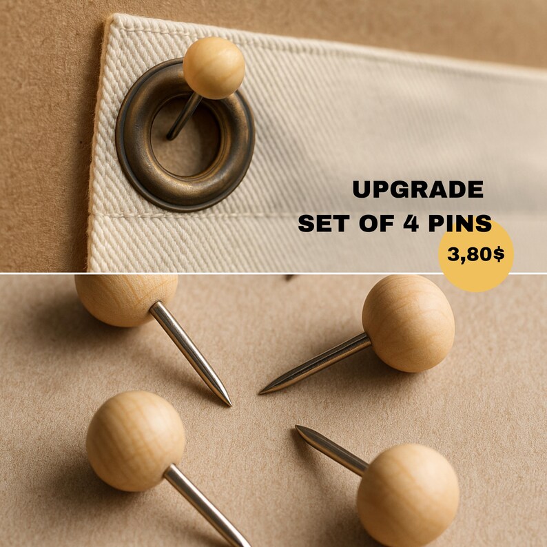 May include: A set of four push pins featuring smooth, round, light-colored wooden heads and sharp metal points. One pin is shown inserted through a brass-colored metal grommet on a piece of off-white fabric, while three others are displayed separately.