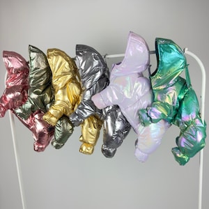 Puede incluir: Una colección de chaquetas acolchadas iridiscentes para perros, colgadas en un perchero blanco. Las chaquetas son de color rosa, verde, dorado, plateado y morado. Cada chaqueta tiene capucha y está diseñada para perros pequeños.