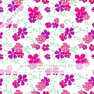 Grillig naadloos patroon met wilde bloemen | Digitaal roze en paars bloemenpapier | Handgetekende veer | Directe download voor knutselen en sublimatie