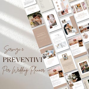 Può includere: Una raccolta di brochure e documenti di servizi di wedding planner nei toni del beige e del bianco. Le brochure presentano fotografie di coppie, composizioni floreali e dettagli di matrimonio. Il testo include "Servizi e Preventivi Per Wedding Planner."