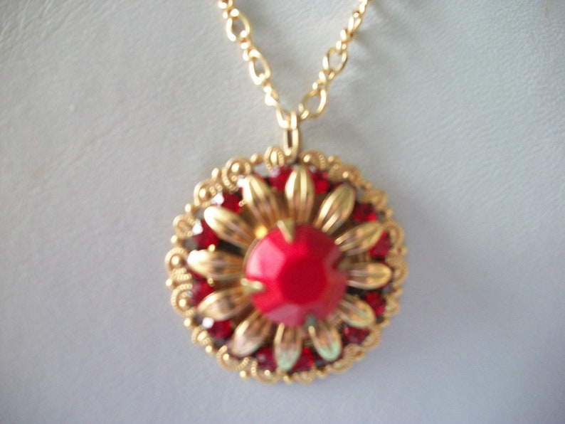 treat for yourself gift for her vintage jewelry Vintage Clara Beau Red and Gold Pendant on Chain Necklace Vintage necklace gold tone