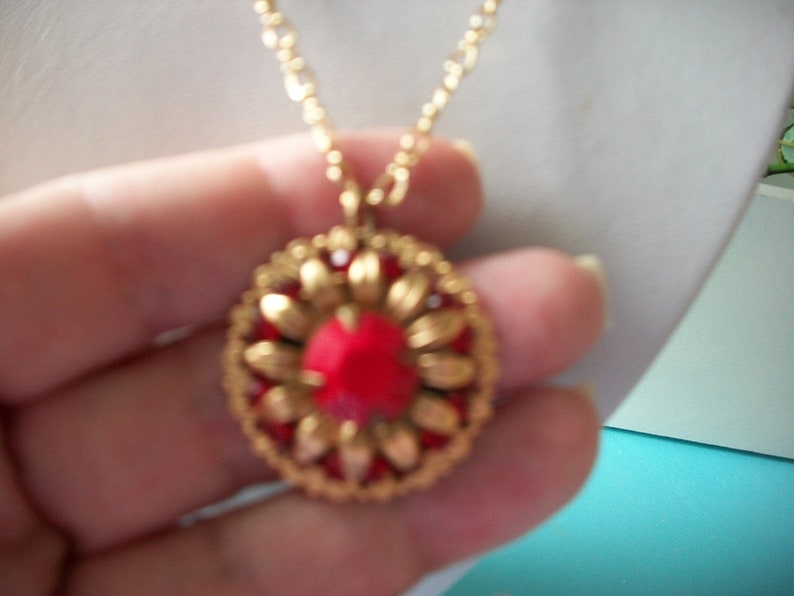 treat for yourself gift for her vintage jewelry Vintage Clara Beau Red and Gold Pendant on Chain Necklace Vintage necklace gold tone