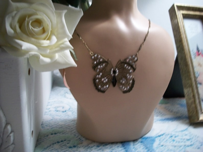 Anne Koplik Designs Crystal and Enamel Butterfly Fabulous Necklace Made in USA