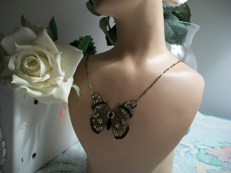 Anne Koplik Designs Crystal and Enamel Butterfly Fabulous Necklace Made in USA