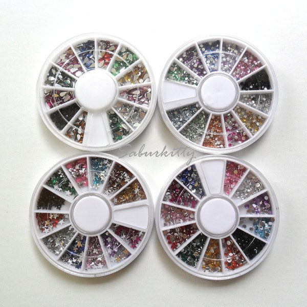 Rhinestones 4 Wheel Set Nail Art 1 5mm 1mm 2mm Round Star 3mm Tear Drop 12 Color red blue green yellow purple pink clear solid black Lot