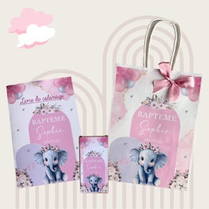 Puede incluir: Un conjunto de regalos de bautizo con una ilustración de elefante bebé. Incluye un libro para colorear, una caja pequeña y una bolsa de regalo. El diseño incorpora elementos florales rosas y blancos, globos y el nombre "Sophie".