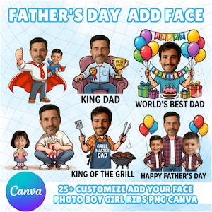 May include: A digital graphic set featuring six cartoon illustrations for Father's Day. Characters include a superhero dad, a king in a chair, a dad with balloons, a dad with popcorn, a grill master, and a dad with two children, all with customizable faces.