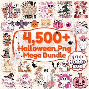 Op de afbeelding: Een verzameling Halloween-thema graphics met tekstoverlays. De afbeelding toont verschillende ontwerpen, waaronder geesten, pompoenen, vleermuizen en zinnen als "Spooky Season" en "Bad Witch Vibes". De centrale tekst luidt "4.500+ Halloween Png Mega Bundle."