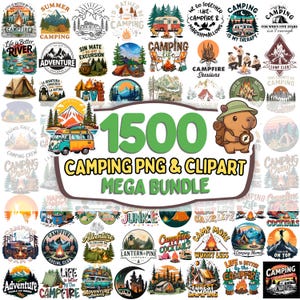 Puede incluir: Una colección digital de 1500 diseños PNG y clipart con temática de camping que incluye varias ilustraciones de tiendas de campaña, fogatas, montañas, furgonetas camper y paisajes forestales, con textos como Camping Life y Adventure.