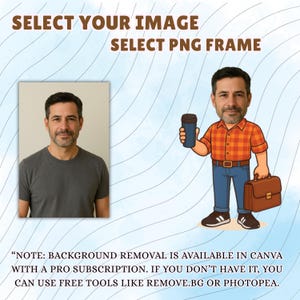 May include: A digital graphic featuring the text SELECT YOUR IMAGE SELECT PNG FRAME. It displays a photograph of a man in a gray t-shirt next to a cartoon caricature of the same man wearing an orange plaid shirt, blue jeans, and holding a briefcase.