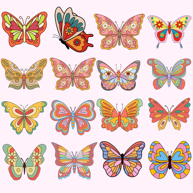 May include: A collection of sixteen colorful butterfly illustrations arranged in a four-by-four grid. Each butterfly features distinct patterns, including geometric shapes, floral motifs, and vibrant color combinations like pink, orange, blue, and green.