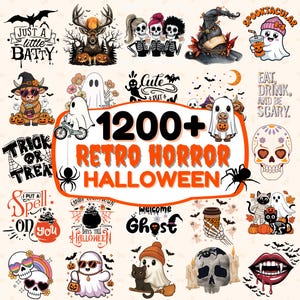 May include: A selection of Halloween-themed illustrations featuring ghosts, skeletons, bats, and pumpkins. The central text reads "1200+ Retro Horror Halloween". Additional text includes "Just a little Batty", "Trick or Treat", and "I put a spell on you".