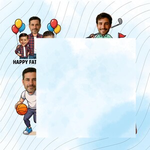 May include: A digital illustration featuring cartoon-style caricatures of people with realistic faces. One group includes a man and child with balloons and the text HAPPY FAT. Another shows a man playing basketball and one golfing. A large blank space is centered.