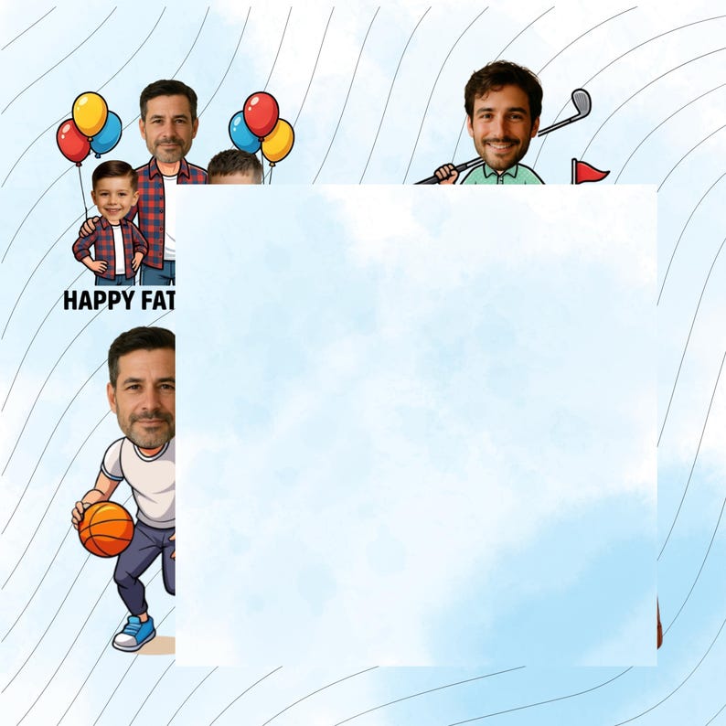 May include: A digital illustration featuring cartoon-style caricatures of people with realistic faces. One group includes a man and child with balloons and the text HAPPY FAT. Another shows a man playing basketball and one golfing. A large blank space is centered.