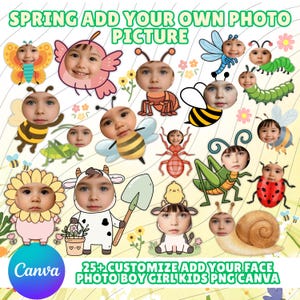 Puede incluir: Gráfico digital colorido con el texto "SPRING ADD YOUR OWN PHOTO PICTURE". La imagen presenta insectos y animales de dibujos animados con caras, incluyendo una mariposa, una abeja y una mariquita. El logotipo de Canva es visible.