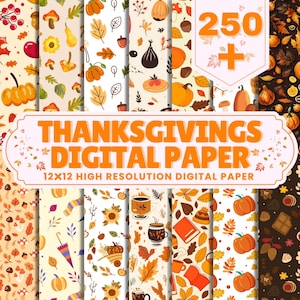 Puede incluir: Una colección de papeles digitales con temática de Acción de Gracias. Los papeles presentan varios patrones con calabazas, hojas, bellotas y otros elementos otoñales en tonos naranja, marrón y crema. El texto "THANKSGIVINGS DIGITAL PAPER" se muestra.