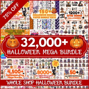 May include: A digital graphic collection featuring 32,000+ Halloween-themed elements including pumpkins, ghosts, witches, and skeletons. The display includes text labels for various bundles like 150+ digital papers and 1200+ retro horror designs.