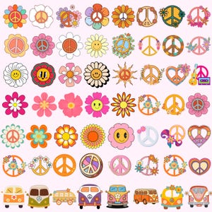 May include: A collection of colorful stickers featuring various peace signs, stylized flowers, smiley faces, hearts, and vintage-style camper vans. The designs incorporate diverse color palettes including orange, pink, yellow, blue, and green.