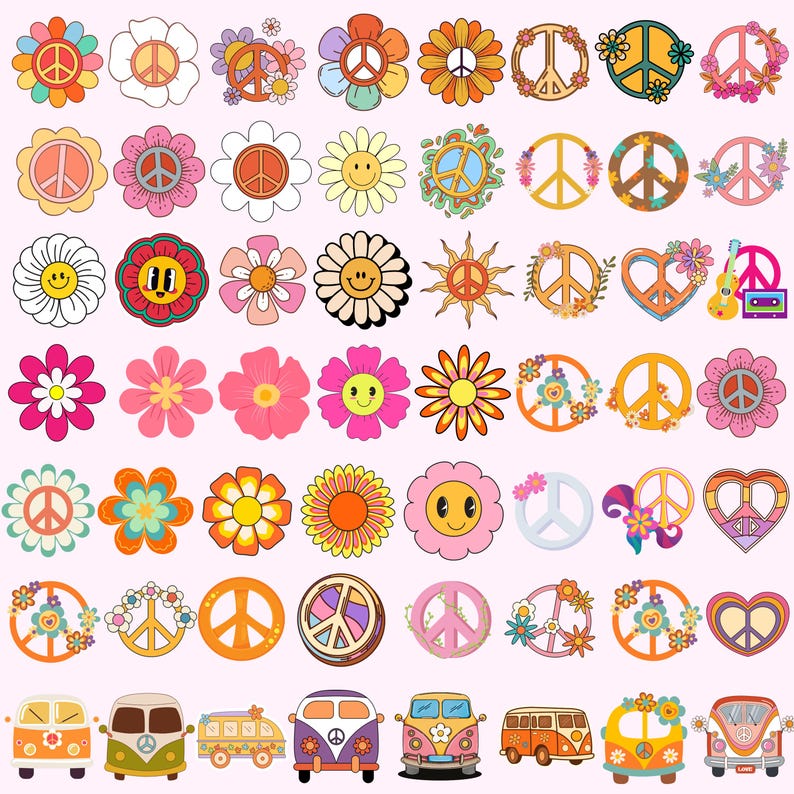 May include: A collection of colorful stickers featuring various peace signs, stylized flowers, smiley faces, hearts, and vintage-style camper vans. The designs incorporate diverse color palettes including orange, pink, yellow, blue, and green.