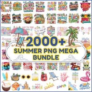 May include: A digital collection of over 2000 summer-themed PNG graphics featuring colourful illustrations of beach scenes, tropical palm trees, cocktails, sunglasses, flamingos, and various summer slogans like Summer Vibes and Tequila Cheaper Therapy.