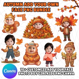 Peut inclure: Un ensemble numérique d'illustrations sur le thème de l'automne avec des découpes de visage personnalisables pour enfants. Les personnages incluent un écureuil, un enfant dans les feuilles, un enfant avec des feuilles d'érable, un panier, un ours et un épouvantail. Texte : AUTUMN ADD YOUR OWN FACE PNG BUNDLE.