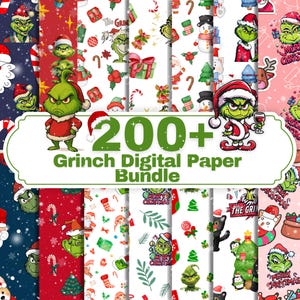 Puede incluir: Una colección de papeles digitales con diseños navideños del Grinch. Los papeles muestran al Grinch con un gorro de Papá Noel, junto con bastones de caramelo, regalos y otros elementos festivos. El texto de la imagen dice "200+ Grinch Digital Paper Bundle."