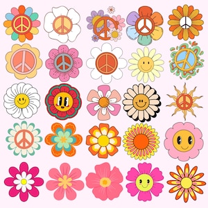 May include: A collection of twenty-five colorful graphic illustrations featuring various flower designs, peace signs, and smiling faces. The icons are arranged in a grid pattern, showcasing a variety of bright colors including pink, orange, yellow, and teal.