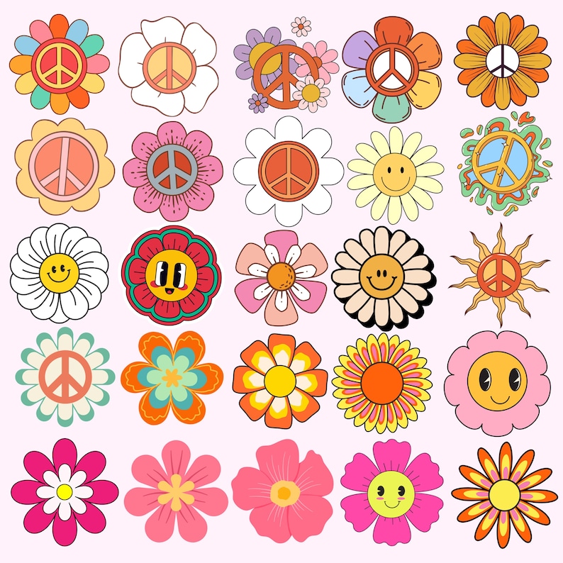 May include: A collection of twenty-five colorful graphic illustrations featuring various flower designs, peace signs, and smiling faces. The icons are arranged in a grid pattern, showcasing a variety of bright colors including pink, orange, yellow, and teal.