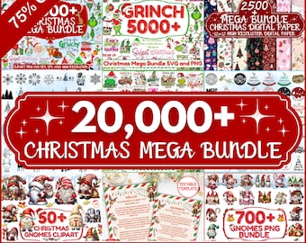 May include: A Christmas-themed digital bundle with various graphics, including Grinch-themed designs, digital paper, gnomes, and clip art. The image features text that reads "20,000+ Christmas Mega Bundle" and "Whole Shop Christmas Bundle."