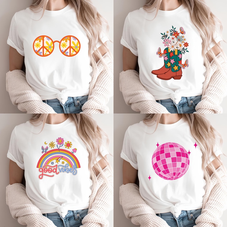 May include: A set of four white t-shirts featuring distinct graphic prints: orange peace sign glasses with floral patterns, a cowboy boot filled with flowers and butterflies, a rainbow with the text good vibes, and a pink disco ball.