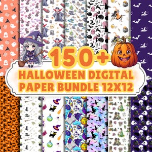 May include: A digital paper bundle featuring over 150 Halloween-themed patterns, including illustrations of witches, pumpkins, ghosts, bats, skulls, and cats. The text 150+ HALLOWEEN DIGITAL PAPER BUNDLE 12X12 is displayed in the centre of the image.
