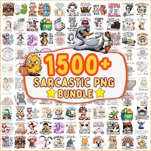 Può includere: Una collezione digitale di oltre 1500 design grafici PNG sarcastici con vari animali dei cartoni animati, scheletri e frasi umoristiche, centrata attorno a un grande banner arancione e giallo con la scritta 1500+ SARCASTIC PNG BUNDLE.
