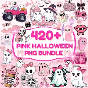 May include: A collection of pink Halloween-themed PNG graphics. The image features various illustrations, including ghosts, pumpkins, skeletons, and a monster truck. Text in the image reads "420+ Pink Halloween PNG Bundle."