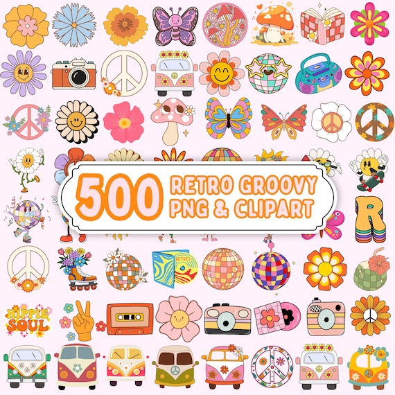 Retro Groovy Png Bundle, Groovy Clipart, Retro 70s Png, Hippie Flower Png, Vintage Sublimation Design, Instant Download