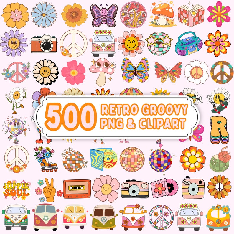 Retro Groovy Png Bundle, Groovy Clipart, Retro 70s Png, Hippie Flower Png, Vintage Sublimation Design, Instant Download image 1