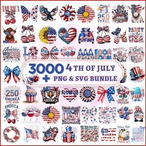 Pode incluir: Uma coleção de designs patrióticos em vermelho, branco e azul, incluindo borboletas, águias, flores e laços. O texto diz "3000 4th of July + PNG & SVG Bundle". Os designs são para o Dia da Independência dos EUA.