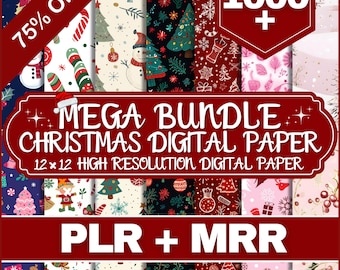 May include: A digital paper bundle with a Christmas theme. The image displays various patterns with festive elements like snowmen, Christmas trees, and ornaments. Text includes "MEGA BUNDLE CHRISTMAS DIGITAL PAPER" and "12x12 HIGH RESOLUTION DIGITAL PAPER". A banner reads "75% OFF" and "1000+".