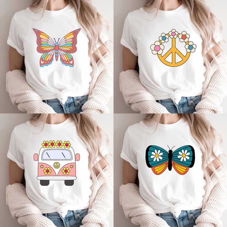May include: A collection of four white t-shirts featuring graphic prints. The designs include a multi-colored butterfly, a yellow peace sign surrounded by flowers, a pink and white van with floral accents, and a teal butterfly with white daisies.