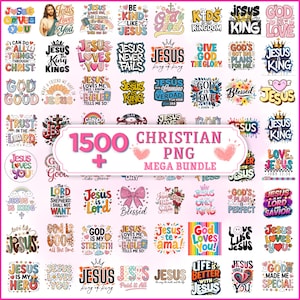 Puede incluir: Una colección digital de 1500 archivos PNG cristianos que presenta varios diseños gráficos coloridos, tipografía religiosa e ilustraciones basadas en la fe, incluyendo corazones, cruces, arcoíris y coronas con el texto 1500+ CHRISTIAN PNG MEGA BUNDLE.