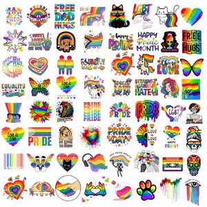 May include: A collection of colorful stickers featuring various pride-themed designs, including rainbows, hearts, animals, skulls, and text such as Pride, Free Hugs, Love is Love, and Equality, arranged in a grid pattern on a white background.