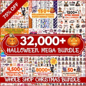 Może przedstawiać: Cyfrowa kolekcja grafik zawierająca ponad 32 000 elementów o tematyce Halloween, w tym dynie, duchy, czarownice i nawiedzone domy. Obraz zawiera napisy takie jak 75% OFF, 150+ Halloween Digital Paper Bundle, 1200+ Retro Horror Halloween oraz 4,500+ Halloween PNG Mega Bundle.