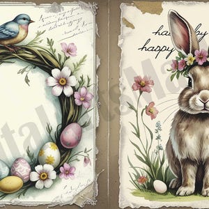 12 vecchie cartoline di auguri di Pasqua vintage con coniglietti, biglietti di auguri stampabili, uova effimere, fiori primaverili, auguri fatti in casa, cartoline scritte a mano, Happy Wall Arts