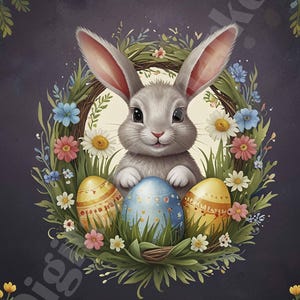 24 Bemalt mit Gouache Osterhase Clipart, druckbare Osterkarte, Grüße Verwandte, Geschenk für Familie, abstrakt floral, digitaler Download