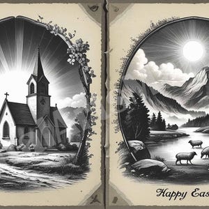 Grabado vintage de Pascua de 14 años, iglesia de pueblo, arte mural imprimible, clipart steampunk, decoración navideña de primavera, descarga instantánea, tarjeta manuscrita