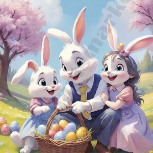 17 Easter Print Happy Family, Bunny Easter Wall Art, Digital Drawing,Egg Clipart, Printable Card, Steampunk Clipart, Buona Pasqua,Arte Retro